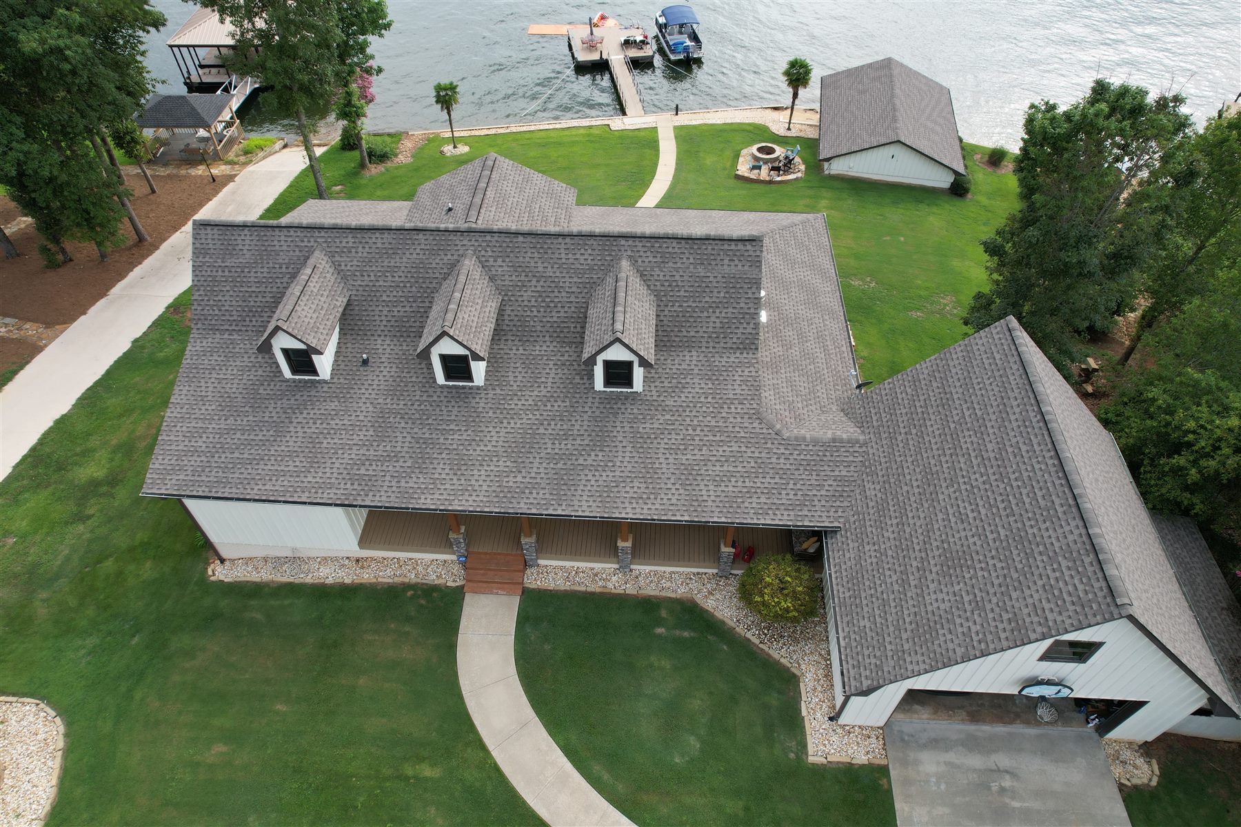 Aerial view of a completed residential roof