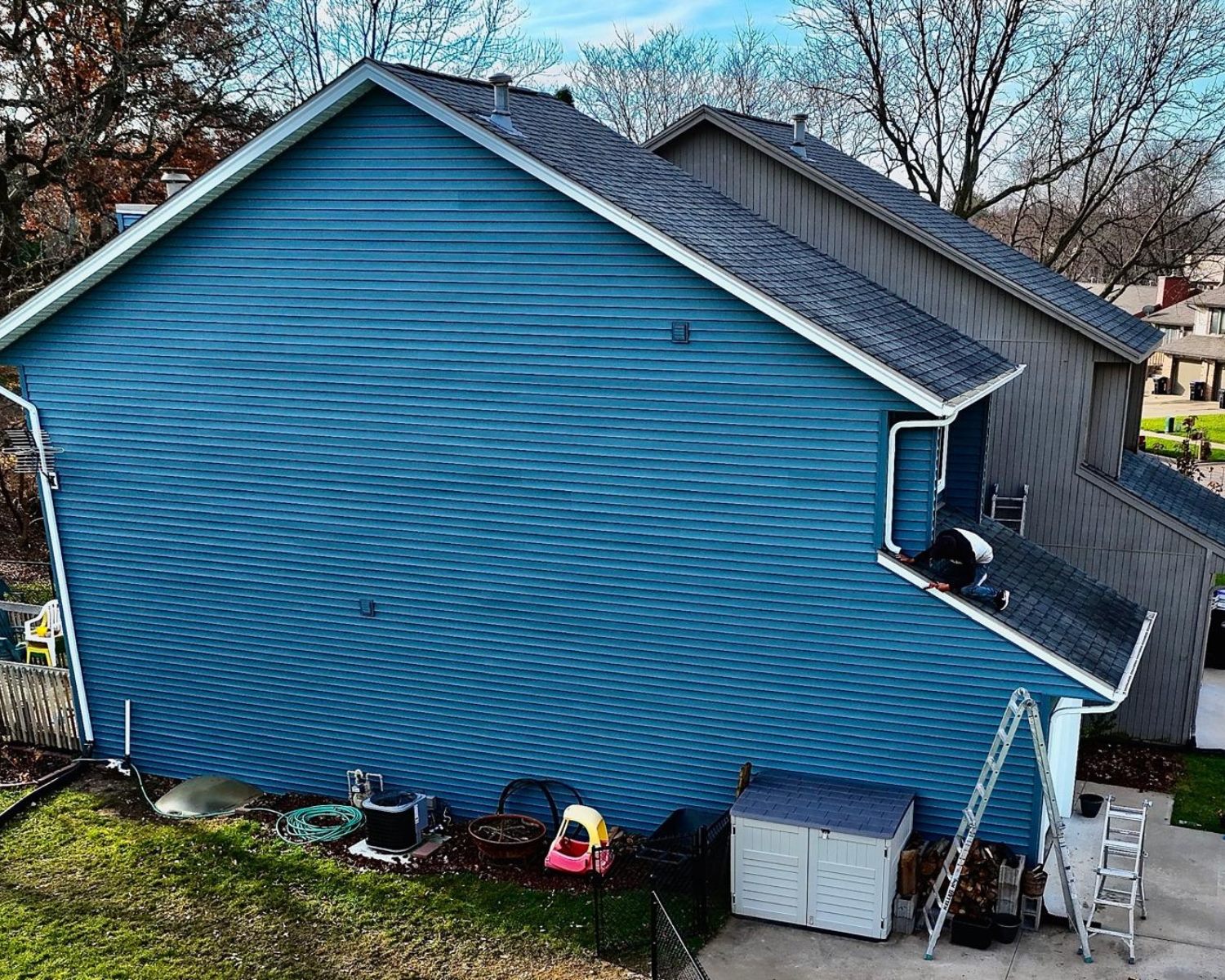 Before and after residential siding photos with King Contracting branding